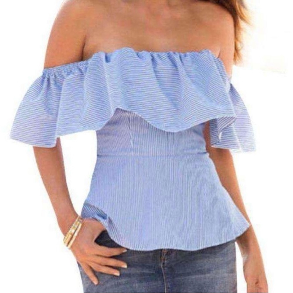 Boston Proper White with light blue stripes Off the shoulder summer blouse S